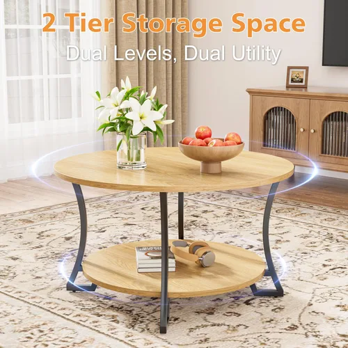 Miniatura 7 de POZILAN Mesa auxiliar redonda con almacenamiento, mesa auxiliar circular de 31.5 pulgadas para sala de estar, mesas de centro redondas de madera