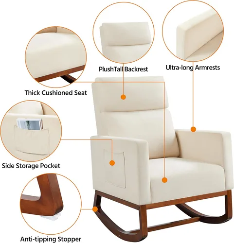 Miniatura 5 de Yaheetech Mecedora tapizada para cuarto de bebé, con patas de madera de goma, bolsillo lateral, sillón con respaldo alto para sala de estar, Beige