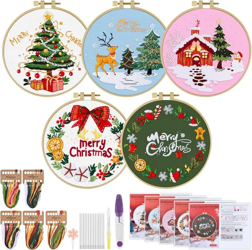 Miniatura 9 de ERKOON 5 Kits de Bordado para Principiantes, Juego de Costura Manual de Manualidades Kit de Inicio de Punto de Cruz de Hongos, Kits de Bordado DIY