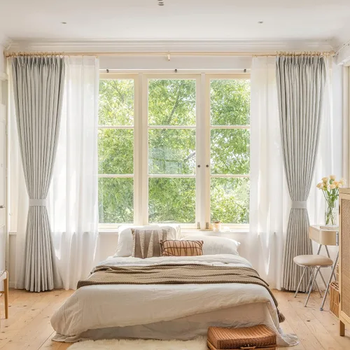 Miniatura 8 de HUTO Cortina plisada opaca completa con alzapaños, cortina de lino sintético extra ancha para patio, dormitorio, sala de estar, abedul blanco, 84