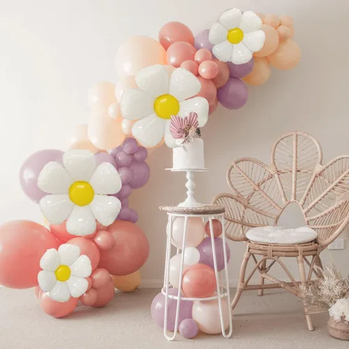 Miniatura 7 de Sweet Baby Co. - Guirnalda de globos de margaritas con decoración de fiesta de cumpleaños retro hippie, globos de flores, 18, 10, 5 pulgadas, rosa
