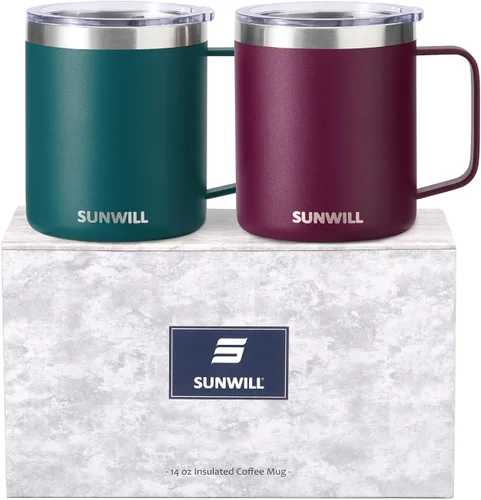 Miniatura 23 de SUNWILL - Taza de café de viaje con tapa, taza aislada con asa, taza de acero inoxidable de 14 oz para acampar, oficina, hogar, recubrimiento