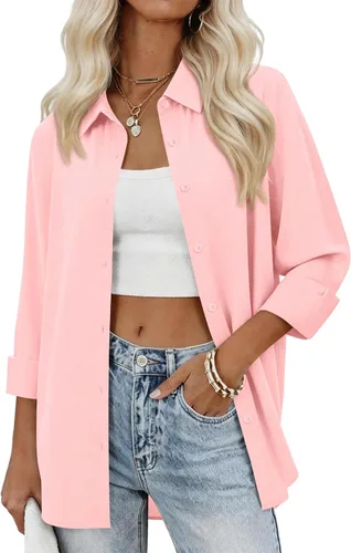 Miniatura 14 de siliteelon Camisas con botones para mujer, camisas de vestir sólidas, de manga larga, cuello fluido, para trabajo, oficina, negocios, blusas de gasa