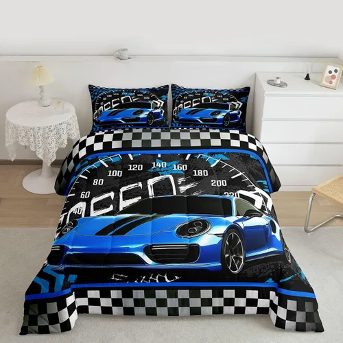 Miniatura 2 de Feelyou Juego de edredón azul de carreras para niños, juego de ropa de cama de coche deportivo para niños y niños, edredón deportivo geométrico a