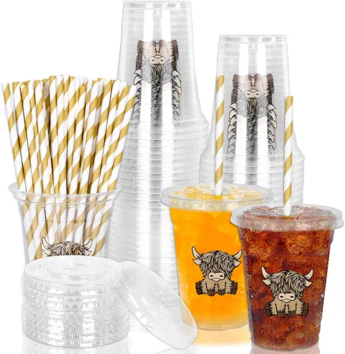 Miniatura 37 de Whaline 50 vasos de plástico desechables patrióticos de 12 onzas con tapas y pajitas con la bandera estadounidense del 4 de julio, vasos