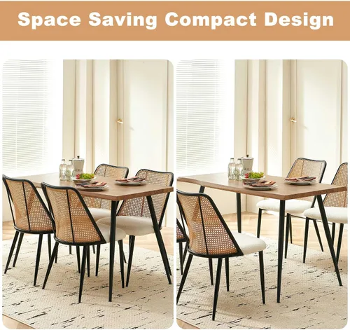 Miniatura 4 de NORDICANA Dining Table Set for 4, Kitchen Table and 4 Chairs, 5 Pieces Dinette Wood Table with Beige Boucle Chiars, Rattan Backrest