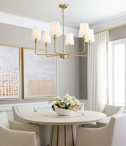 Miniatura 2 de Candelabro clásico de 6 luces con acabado dorado cepillado y pantallas de lino, base E12, lámpara rústica de techo para isla de cocina, comedor