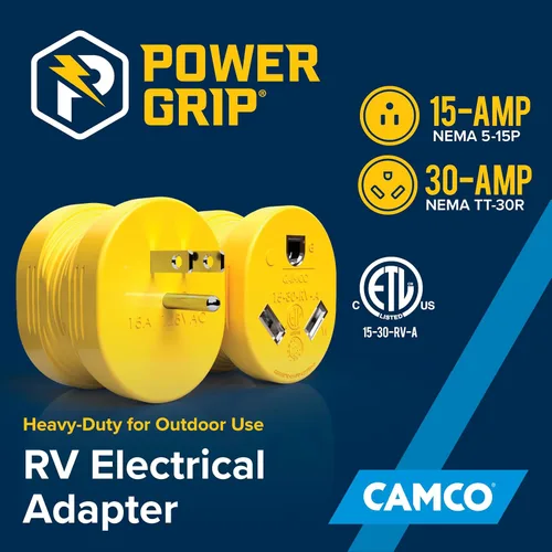 Miniatura 2 de Adaptador eléctrico 15M/30F Camco Mfg 55223, amarillo amarillo