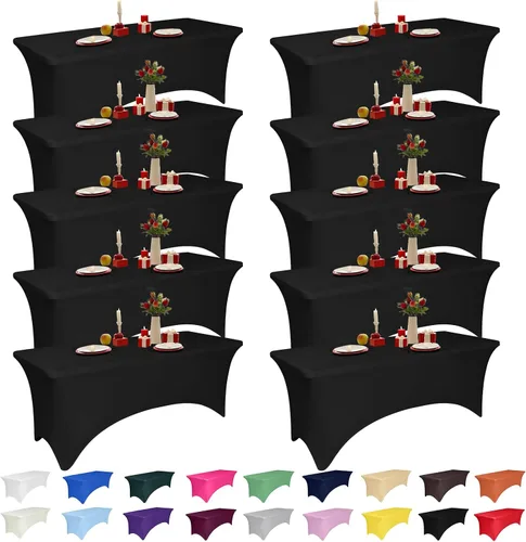 Miniatura 40 de Paquete de 2 manteles de elastano negro de 6 pies para mesas rectangulares, ajustado y elástico, lavable, resistente a las arrugas, perfecto