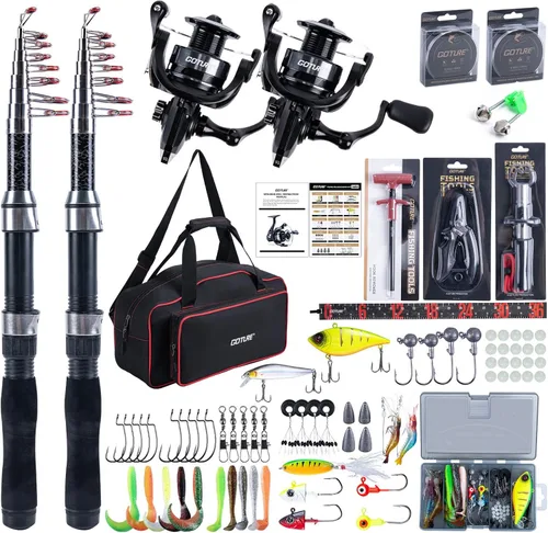 Miniatura 14 de Goture Combos de caña de pescar y carrete - 2 piezas de caña telescópica + 2 piezas de carretes giratorios precargados con bolsa de transporte, kit