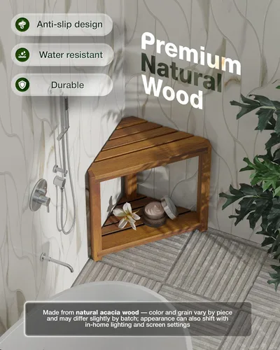 Miniatura 4 de BLUEWEST Taburete de ducha esquinero de madera de acacia de 16.5 pulgadas, banco de ducha esquinero de madera para afeitarse las piernas dentro