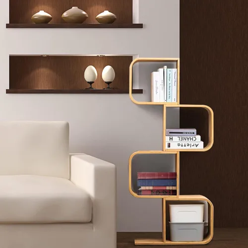 Miniatura 3 de Estantería geométrica moderna de bambú de 4 niveles en forma de S, gran capacidad, estante curvado, mesita de noche 2 en 1, estantería