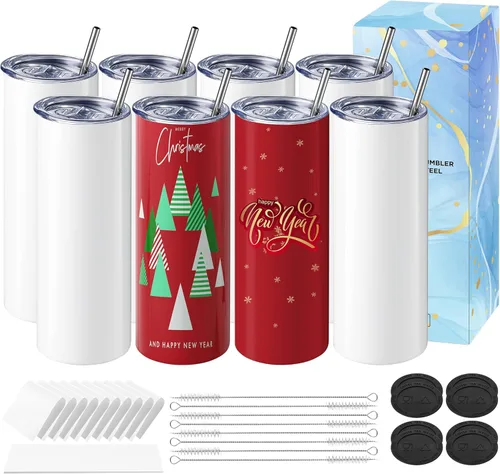 Hiipoo Paquete de 8 vasos de sublimación en blanco de 20 onzas, rectos, delgados con papeles de sublimación, tapas y popotes, películas retráctiles,