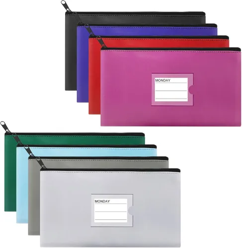 Miniatura 11 de Paquete de 4 bolsas de dinero para depósitos bancarios, cartera de cuero sintético resistente con cremallera con ventana transparente, bolsa