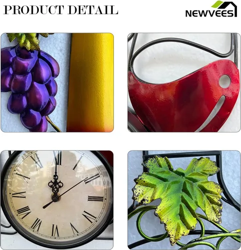 Miniatura 2 de Reloj de pared de metal para cocina, decoración artística de pared grande de 16 pulgadas, reloj decorativo con botella, vidrio, uva falsa, funciona