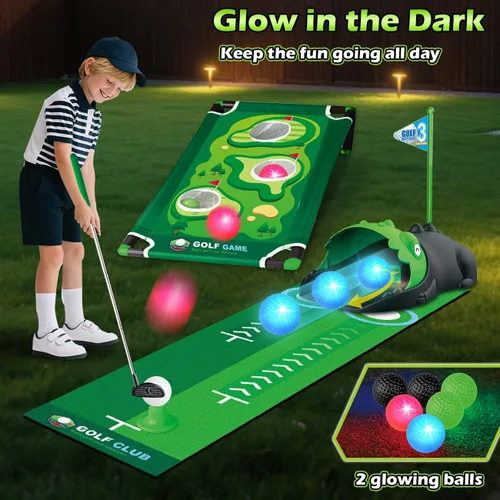 Miniatura 3 de TERRAMUS Juego de golf 3 en 1 para niños con devuelvedor automático de dinosaurio, tablero de Cornhole de golf, bolas con luz LED, alfombra de putt