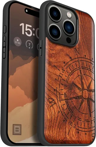 Miniatura 16 de Carveit Funda magnética de madera para iPhone 15 Pro, compatible con cargadores inalámbricos MagSafe, funda de TPU suave negro a prueba de golpes