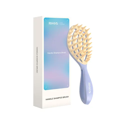 Miniatura 9 de RHOS Masajeador de cuero cabelludo, cepillo de champú con asa, limpiador de cabello curvado y ventilado, cepillo para el cuero cabelludo para Azul