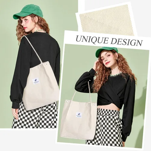 Miniatura 7 de Bolsas de pana para mujer, bolsa de pana de gran capacidad, reutilizable, con bolsillos interiores