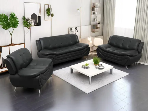 Sofás de cuero para sala de estar, juego de sofá para dormitorio, apartamento, juegos de muebles de sala (a-cuero negro, sofá+sofá biplaza+silla)
