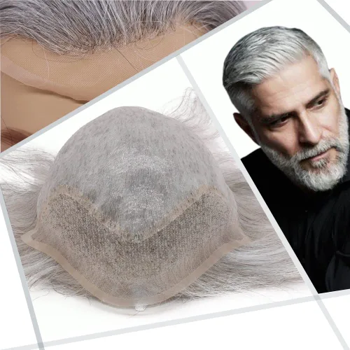 Miniatura 13 de Toupee - Peluca de cabello humano europeo con encaje frontal suizo y línea capilar natural para hombre, con piel sintética, sistema de reemplazo