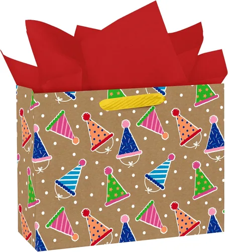 WRAPAHOLIC Bolsa de regalo de cumpleaños grande de 13 pulgadas con papel de seda, diseño de puntos blancos y sombreros de fiesta, bolsas de papel