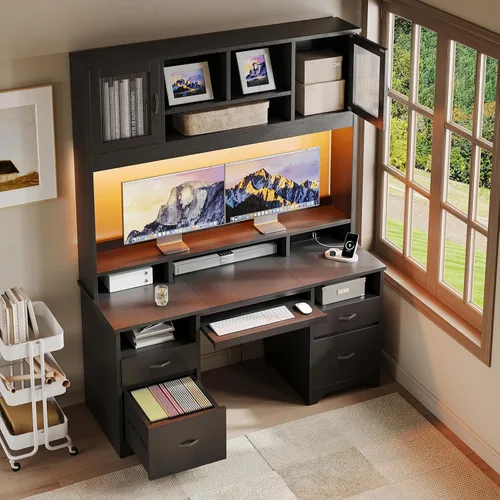 Miniatura 8 de Bestier Escritorio Ejecutivo de 77.8" de Alto con Estante Superior, Escritorio Moderno de Madera para Computadora con Cajones, Estación de Carga