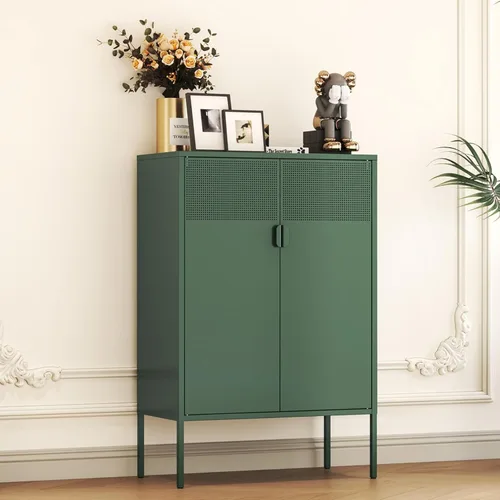 Miniatura 17 de Armario de almacenamiento de metal negro con 2 puertas, soporte de TV de 25 pulgadas de alto, armario de 2 niveles con estantes ajustables, gabinete