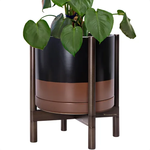 Miniatura 76 de D'vine Dev Maceta de cerámica con soporte de ébano – Maceta redonda moderna de 8 pulgadas con soporte para maceta de madera, color negro, 55-B-M-2