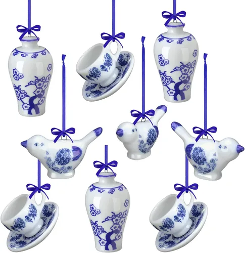 Funtery Adornos de porcelana azul y blanca de 9 piezas, colgantes colgantes de calabaza de otoño de Chinoiserie, adornos de cerámica para árbol de