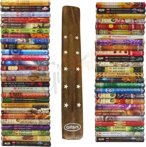 Giftbrit Hem - Varillas de incienso – Paquete variado – 15 fragancias (300 varillas en total) – Sándalo, lavanda, salvia blanca y más – 1 soporte