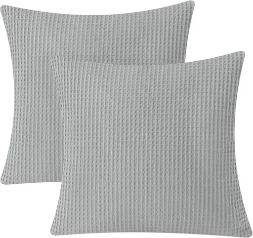 Miniatura 8 de PHF Funda de almohada 100% algodón con tejido de gofre, 18 x 18 pulgadas, sin relleno, paquete de 2 elegantes fundas de almohada cuadradas Gris claro