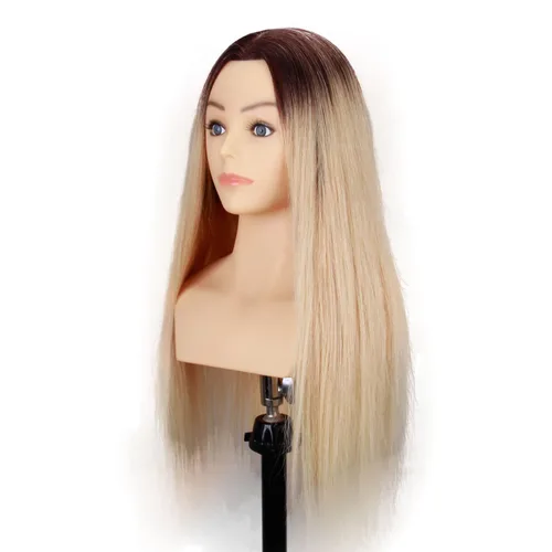 Miniatura 5 de Cabeza de maniquí de cabello humano con hombros y plataforma de 24 a 26 pulgadas, muñeca femenina, maniquí de entrenamiento, cabeza de maniquí