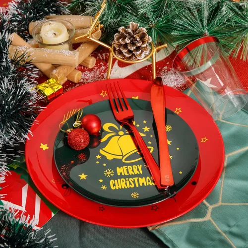 Miniatura 8 de WDF 175 piezas de platos de Navidad de plástico desechables - 25 platos verdes, 25 platos rojos con campanas doradas, 75 cubiertos de plástico Bell