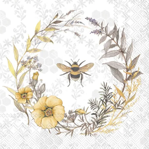 Boston International IHR Servilletas de papel de 3 capas, tamaño de almuerzo de 20 unidades, corona de flores silvestres de abeja