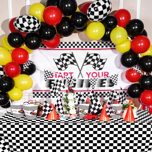 Miniatura 6 de 3 hojas de manteles desechables a cuadros en blanco y negro para fiesta de automóvil de carreras, 54 x 108 pulgadas, mantel rectangular de plástico