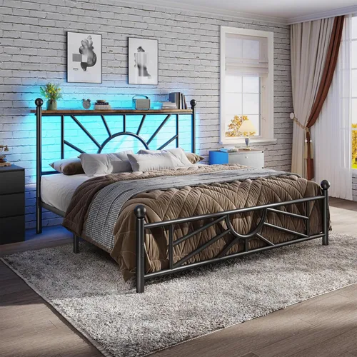 Miniatura 23 de Homkdom Marco de cama de plataforma de metal tamaño Queen de 14 pulgadas con cabecero, marco de cama victoriano Queen con almacenamiento debajo