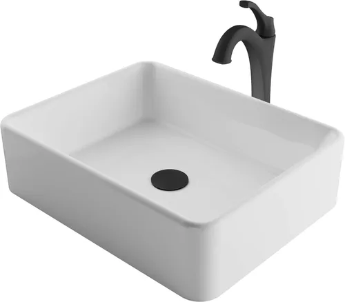 KRAUS Elavo C-KCV-121-1200MB - Lavabo de baño de cerámica rectangular de porcelana blanca moderna de 19 pulgadas y grifo Arlo negro mate con drenaje