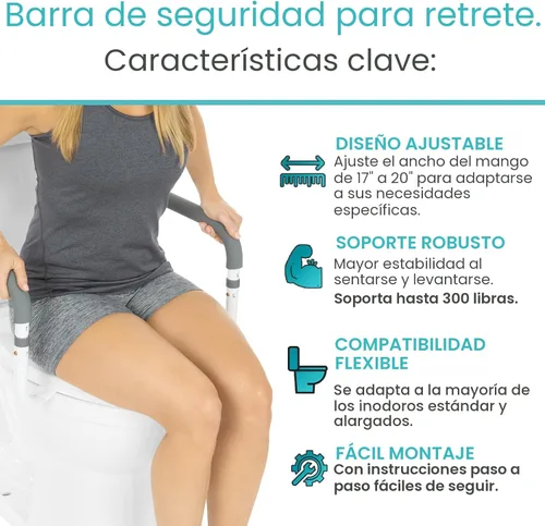 Miniatura 3 de Vive Barandilla de seguridad para inodoro - Barra de agarre ajustable - Marco de soporte compacto con pasamanos para asiento de inodoro de baño