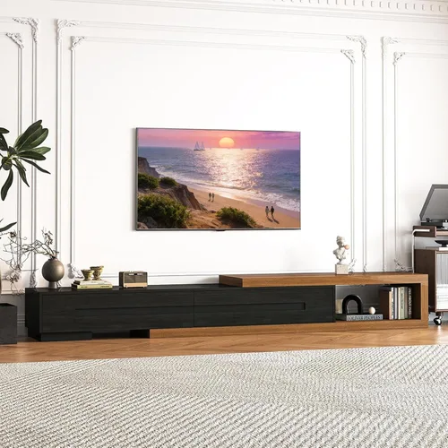 Miniatura 10 de Soporte de TV extensible con chimenea eléctrica de 71 a 116 pulgadas, moderno centro de entretenimiento con luces LED y toma de corriente para TV