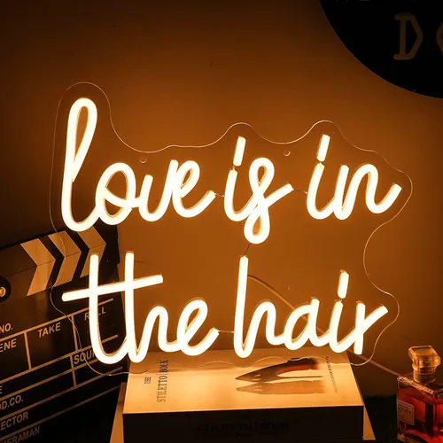 Letrero de neón con texto en inglés "Love is in the Hair", luz de neón para el cabello, luz LED blanca de neón para barberos, salón de belleza,