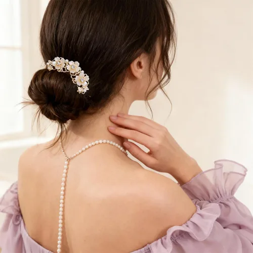 Miniatura 4 de 2 pinzas para el pelo de flores de perlas para mujer, horquilla francesa en forma de U, moño de metal dorado, clips para el pelo de flores