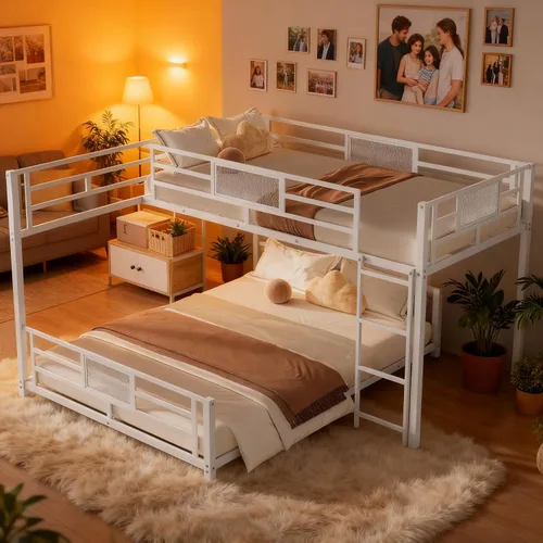 Miniatura 18 de Literas de tamaño matrimonial sobre individual e individual, litera triple de madera con cajones de almacenamiento, barandillas y escalera para 3