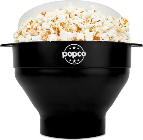 La original Popco - Palomera de silicona para microondas, con asas, para hacer palomitas de maíz, sin BPA y apta para lavavajillas, 10 colores Negro