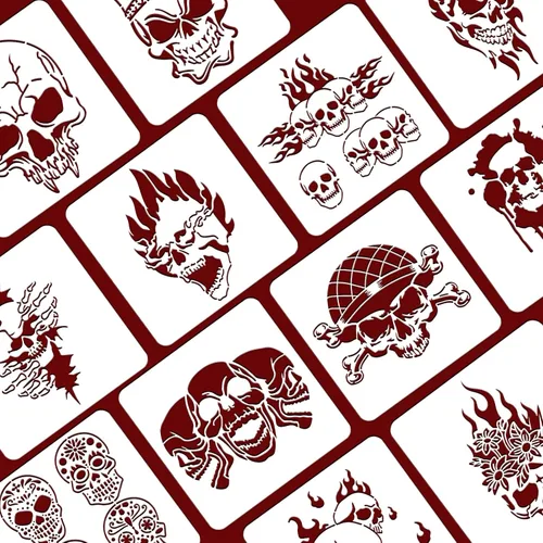 Miniatura 4 de BENECREAT 12 plantillas de dibujo de plástico con patrón de calavera, plantilla de pintura de suspenso de terror de 12 x 12 pulgadas para hacer Tema
