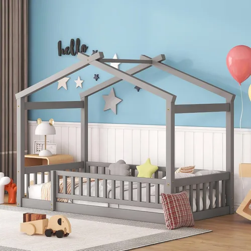 MERITLINE Cama individual Montessori para niños, marco de cama individual Montessori con rieles y techo, no necesita somier, para niños, Gris