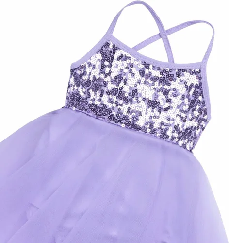 Miniatura 3 de TiaoBug Niñas Lentejuelas Dobladillo Irregular Baile Latino Traje Lírico Ballet Vestido Leotardo Falda Gasa Brillante Hada Danza