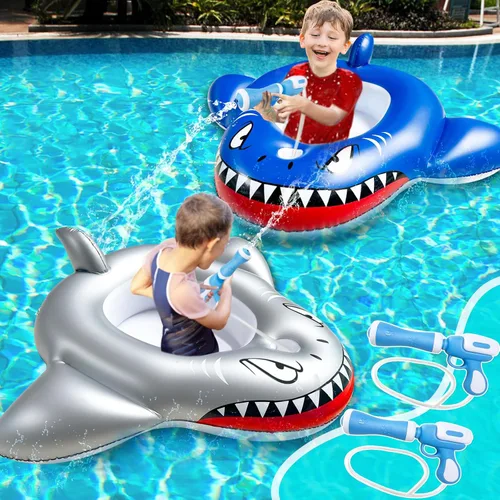 2 Pack Flotadores Inflables de Tiburón para Piscina para Niños de 3 a 11 Años, Juguetes de Piscina para Flotar para Niños con 2 Pistolas de Agua,
