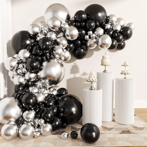 Miniatura 3 de Juego de 62 globos de 12 pulgadas, color negro, blanco, plateado, globos de fiesta con confeti plateado metálico blanco y negro con cintas