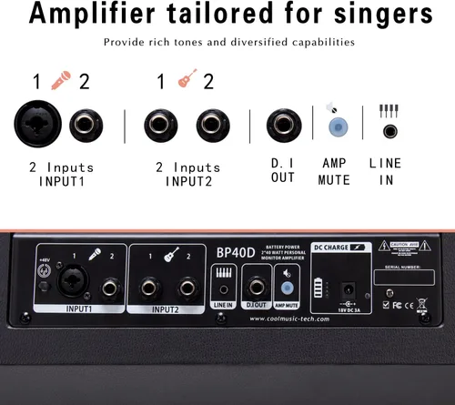 Miniatura 7 de Coolmusic BP40D amplificador acústico para guitarra eléctrica portátil con Bluetooth, altavoz de 80W con batería y efectos de reverberación, coro